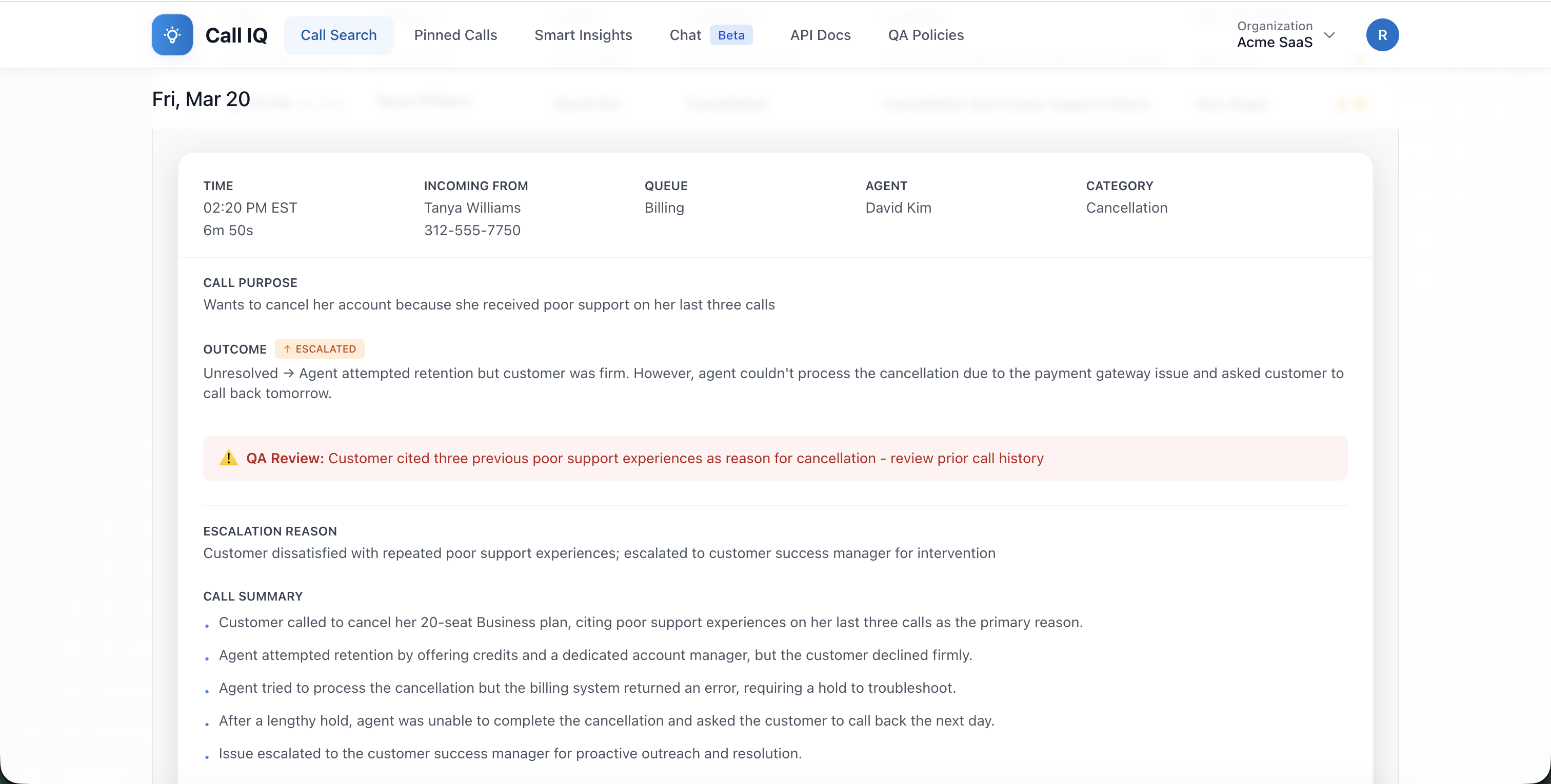 CallIQ — AI-generated call summary with QA flags and escalation details