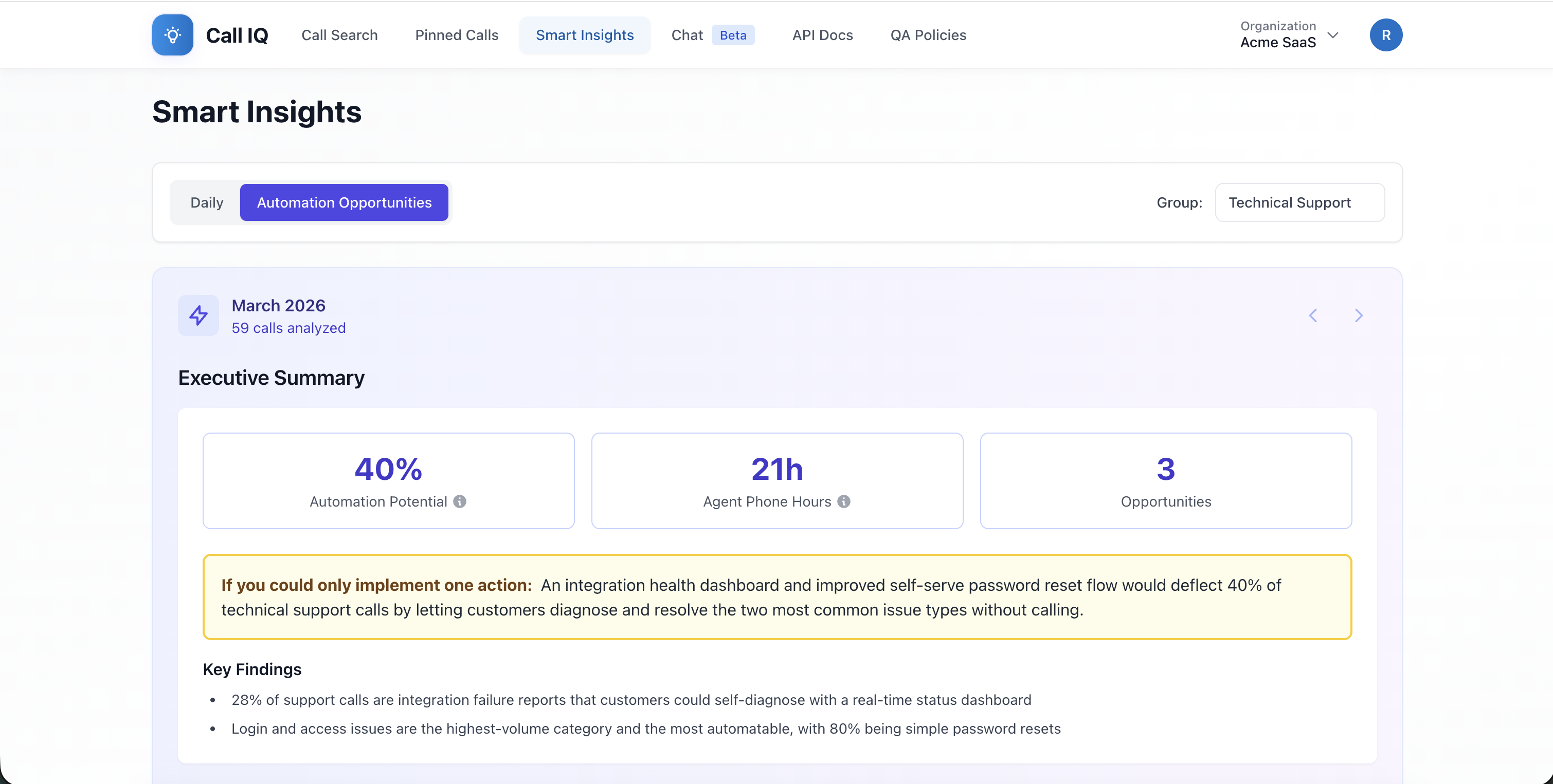 CallIQ Smart Insights — automation opportunities and executive summary
